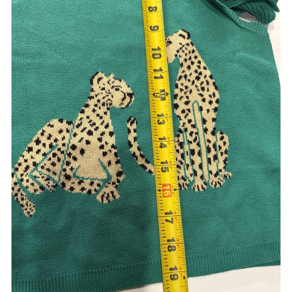 Entro Green Cheetah Ruffle Sleeve Sweater Top Knit Crewneck Size L 100% Cotton - Picture 7 of 7